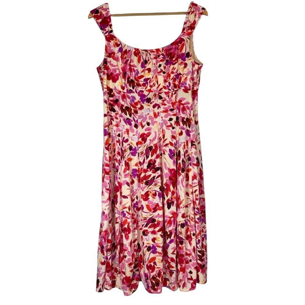 London Times Floral Jersey Dress Sleeveless Pink Midi Stretch Sz 14 Ruched Bust